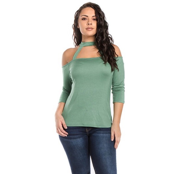 SAGE GREEN -Cold Shoulder Top - Picture 4 of 4